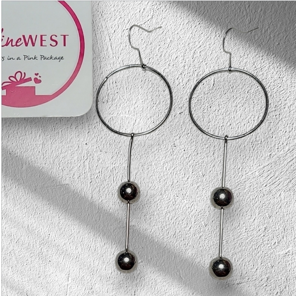 NWT NADINE WEST Modern Silver Hoop Ball Dangle Earrings ~2"